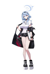  1-5iro absurdres ako_(blue_archive) alternate_costume bag black_footwear black_shorts blue_archive blue_eyes blue_hair blush breasts casual choker closed_mouth female full_body hair_between_eyes hairband halo highres holding jacket jewelry large_breasts long_hair long_sleeves looking_at_viewer open_clothes open_jacket shirt shoes short_hair short_shorts shorts simple_background skirt smile sneakers solo standing thighs track_jacket white_background white_shirt 