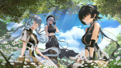  3girls abby_(wuthering_waves) absurdres bandaged_arm bandages bare_shoulders bead_necklace beads beret black_bow black_collar black_dress black_gloves black_hair black_hat black_pantyhose black_ribbon black_shirt black_shorts black_skirt blue_eyes boots bow breasts bright_pupils closed_mouth coat collar colored_inner_hair commentary day dress earrings eating elbow_pads female_rover_(wuthering_waves) gloves hair_ornament hair_ribbon hairbow hairclip hat heterochromia high-low_skirt highres jewelry jinhsi_(wuthering_waves) lan_liyu_renzi large_breasts long_hair long_ribbon looking_at_food looking_at_viewer low-tied_long_hair low_twintails medium_breasts midriff multicolored_hair multiple_girls necklace orange_eyes outdoors pantyhose parted_lips picnic ribbon rover_(wuthering_waves) sanhua_(wuthering_waves) shirt short_hair shorts sitting skirt smile standing tacet_mark_(wuthering_waves) thigh_boots twintails two_side_up very_long_hair white_coat white_eyelashes white_eyes white_hair white_pupils wuthering_waves yellow_eyes yellow_ribbon 