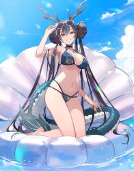  adjusting_eyewear antlers bikini blue_sky breasts copyright_request eyewear_on_head female highres horns kneeling long_hair looking_at_viewer seashell shell sky smile solo string_bikini sunglasses swimsuit tail water yuko_(uc_yuk) 