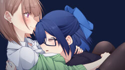  2girls a-chan_(hololive) aobara_hairi between_legs black-framed_eyewear black_pantyhose black_shirt blue_background blue_bow blue_hair blunt_bangs blush bow breasts brown_hair closed_eyes closed_mouth collared_shirt dark_blue_hair feet_out_of_frame from_side glasses hairbow hand_on_another&#039;s_back hands_on_another&#039;s_back harusaki_nodoka highres hololive hug jewelry looking_at_another medium_breasts medium_hair multiple_girls open_hand open_hands pantyhose parted_lips profile purple_eyes reclining ring semi-rimless_eyewear shirt simple_background smile straight_hair under-rim_eyewear virtual_youtuber white_shirt wing_collar yuri 