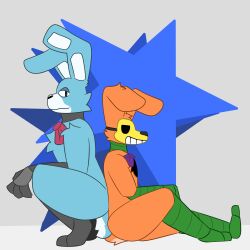  4_fingers animatronic anthro back_to_back big_ears bon_(twf) bow_tie cheek_tuft chest_tuft crouching delta&#039;s_art dipstick_tail duo facial_tuft fingers hi_res lagomorph leporid looking_at_viewer machine male mammal markings mask neckwear pumpkin_rabbit rabbit robot simple_background simple_coloring sitting smile tail tail_markings the_walten_files tuft 