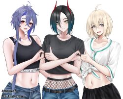  3girls alternate_costume anniversary azur_lane banba_(jakqbigone) bataan_(azur_lane) black_hair black_shirt black_tank_top blonde_hair blue_eyes blue_pants collarbone copyright_name denim foch_(azur_lane) gradient_hair hair_between_eyes heart_hands_failure highres horns jeans long_hair looking_at_viewer midriff multicolored_hair multiple_girls navel open_mouth pants purple_hair red_horns shirt short_hair smile tank_top tied_shirt ulrich_von_hutten_(azur_lane) upper_body white_shirt yellow_eyes 