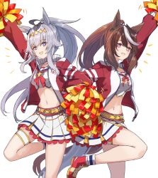  2girls ahoge alternate_hairstyle animal_ears arm_up belt breasts brown_hair cosplay duplicate grey_hair highres holding holding_pom_poms horse_ears horse_girl horse_tail jacket kusanagi_kaoru long_hair long_sleeves looking_at_viewer medium_breasts midriff multicolored_hair multiple_girls navel nice_nature_(run&amp;win)_(umamusume) nice_nature_(umamusume) nice_nature_(umamusume)_(cosplay) notice_lines oguri_cap_(umamusume) open_clothes open_jacket open_mouth pom_pom_(cheerleading) ponytail purple_eyes red_footwear red_jacket sailor_collar shirt shoes simple_background skirt small_breasts smile sneakers socks standing streaked_hair symboli_rudolf_(umamusume) tail thigh_strap umamusume white_background white_shirt white_skirt 