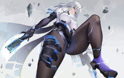  baige0 bodysuit breasts crackling_energy dual_wielding female floating_rock from_below grey_background gun hair_between_eyes high_heels highres holding holding_gun holding_weapon large_breasts legs long_hair looking_at_viewer looking_down lyfe_bestla lyfe_bestla_-_infinite_sight snowbreak:_containment_zone solo weapon white_hair yellow_eyes 