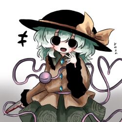  arm_up black_eyes black_hat blood blood_on_knife blush bow buttons collar diamond_button eyeball eyes_visible_through_hair fedora female floral_print frilled_shirt_collar frilled_sleeves frills green_collar green_hair green_skirt hat hat_bow heart heart_of_string heripantomorrow holding holding_knife knife komeiji_koishi long_sleeves looking_at_viewer medium_hair open_mouth shirt simple_background skirt smile solo third_eye touhou translation_request white_background wide_sleeves yellow_bow yellow_shirt 