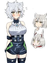  animal_ears blush breast_envy breasts cat_ears cat_girl chest_jewel clothing_cutout commentary_request confused core_crystal_(xenoblade) crystal diamond_cutout ereka fingerless_gloves gloves high-waist_shorts highres large_breasts looking_at_breasts looking_at_viewer messy_hair mio_(xenoblade) multiple_girls na&#039;el_(xenoblade) nia_(xenoblade) romper short_hair short_shorts shorts simple_background thighhighs white_background xenoblade_chronicles_(series) xenoblade_chronicles_3 xenoblade_chronicles_3:_future_redeemed yellow_eyes 