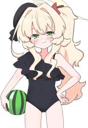  alternate_costume ass_visible_through_thighs ball bare_shoulders beachball beret black_hat black_one-piece_swimsuit blonde_hair blue_archive blush bow closed_mouth commentary_request covered_navel female frilled_one-piece_swimsuit frills green_eyes hair_between_eyes hair_intakes hairbow halo hand_on_own_hip hat highres holding holding_ball kujou_karasuma long_hair one-piece_swimsuit professor_niyaniya_(blue_archive) red_bow side_ponytail simple_background smile solo standing swimsuit tilted_headwear very_long_hair watermelon_beachball white_background 