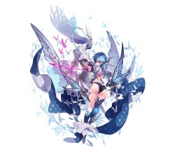  almace_(phantom_of_the_kill) ass back blue_hair bug butterfly da-kuro female from_behind full_body hair_ornament highres holding holding_sword holding_weapon looking_at_viewer looking_back phantom_of_the_kill purple_eyes shoes solo standing sword weapon 