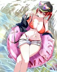  bare_shoulders baseball_cap bikini bikini_top_pull black_hat black_jacket breasts character_name clothes_pull crossed_legs eyewear_on_head eyewear_on_headwear female hat heterochromia hololive houshou_marine houshou_marine_(summer) jacket large_breasts long_hair red_bikini red_eyes red_hair short_shorts shorts shorts_pull solo swim_ring swimsuit takuotsu_(yamataku110203) twintails virtual_youtuber water wet white_shorts yellow_eyes 