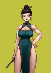  bare_shoulders black_hair breasts china_dress chinese_clothes cleavage cleavage_cutout clothing_cutout collarbone commentary dress earrings eyeliner female green_dress hair_bun hair_ornament hair_stick hand_fan hand_on_own_hip highres holding holding_fan iskimxk jewelry large_breasts looking_at_viewer makeup mole mole_on_leg mole_under_mouth original pelvic_curtain side_slit signature simple_background sleeveless sleeveless_dress solo standing thighs toned_female yellow_background 