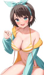  :d absurdres aqua_eyes bikini blush bow_hairband breasts brown_hair cleavage collarbone female fingernails green_jacket hairband halterneck highres hololive hood hooded_jacket jacket kumoru_(kumoru_145) large_breasts long_hair looking_at_viewer multicolored_clothes multicolored_jacket navel official_alternate_costume oozora_subaru oozora_subaru_(hololive_summer_2019) polka_dot_hairband short_hair simple_background single_bare_shoulder single_off_shoulder sitting smile solo stomach strap_lift striped_bikini striped_clothes swept_bangs swimsuit two-sided_fabric two-sided_jacket two-tone_jacket virtual_youtuber white_background yellow_bikini yellow_jacket yokozuwari 