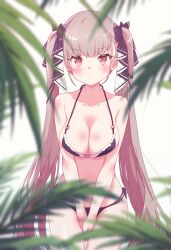  absurdres alternate_costume arbiter1 arms_between_legs azur_lane bikini black_bikini breasts cleavage cowboy_shot female formidable_(azur_lane) grey_hair hair_ribbon highres large_breasts long_hair looking_at_viewer pout red_eyes ribbon solo swimsuit twintails two-tone_ribbon very_long_hair white_background 