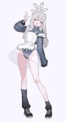  absurdres alternate_costume apron arm_up bandaid bandaid_on_knee bandaid_on_leg black_footwear black_socks blue_archive commentary_request female full_body fymrie grey_halo halo highres jersey_maid konoka_(blue_archive) long_hair looking_at_viewer maid maid_apron maid_headdress multicolored_hair open_mouth see-through see-through_skirt shoes single_loose_sock skirt smile sneakers socks solo streaked_hair unconventional_maid w 