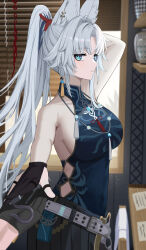  2girls animal_ears arm_up bare_shoulders black_gloves black_skirt blue_eyes blue_shirt breasts clothing_cutout commentary_request covered_navel cowboy_shot feixiao_(honkai:_star_rail) fox_ears fox_girl gaitoou gloves half_gloves highres holding holding_own_hair honkai:_star_rail honkai_(series) indoors large_breasts linea_alba long_hair looking_at_viewer multiple_girls no_jacket parted_bangs parted_lips ponytail pov pov_hands shirt side_cutout sideboob sidelocks skirt solo_focus standing stelle_(honkai:_star_rail) trailblazer_(honkai:_star_rail) very_long_hair white_hair 