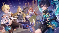  2boys 3girls :d aether_(genshin_impact) ahoge anemo_symbol_(genshin_impact) anemonaris animal aqua_eyes arm_up armor bare_shoulders black_bridal_gauntlets black_dress black_eyes black_gloves black_hair black_pants black_shirt black_shorts black_sleeves blonde_hair blue_cape blue_eyes breasts bridal_gauntlets cape circlet commentary_request cropped_shirt crown detached_sleeves double_bun dress drill_hair earrings feet_out_of_frame floating genshin_impact gloves hair_between_eyes hair_bun hair_ornament halo highres holding holding_animal hydro_symbol_(genshin_impact) japanese_armor japanese_clothes jewelry kote kurokote light_blush light_smile long_hair looking_at_viewer making-of_available medium_breasts midriff mini_crown mini_durin_(genshin_impact) multiple_boys multiple_girls navia_(genshin_impact) night nilou_(breeze_of_sabaa)_(genshin_impact) nilou_(genshin_impact) outdoors paimon_(genshin_impact) pants parted_bangs red_hair scaramouche_(genshin_impact) ship&#039;s_wheel_ornament shirt shorts sitting sky sleeveless sleeveless_dress smile squatting star_(sky) star_(symbol) star_hair_ornament starry_sky toy_train very_long_hair vision_(genshin_impact) wanderer_(genshin_impact) white_hair white_romper white_sleeves yellow_eyes 