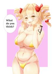  absurdres bikini blush breasts cleavage collarbone commentary drill_hair english_text female ginari gold_bikini highres large_breasts looking_at_viewer navel orange_eyes orange_hair parted_lips pink_background simple_background solo speech_bubble swimsuit touhou twin_drills yorigami_jo&#039;on 