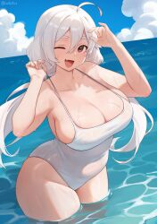  ;d blue_sky breasts cleavage cloud day female highres iwbitu long_hair looking_at_viewer nyopu ocean one_eye_closed open_mouth original outdoors partially_submerged sky smile solo white_hair 