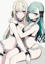  2girls aizawa_ema bikini black_bikini black_bow black_choker black_ribbon blonde_hair blue_eyes blunt_bangs bow breasts bridal_garter choker frilled_bikini frilled_choker frills gradient_hair green_hair hair_behind_ear hair_flaps hair_ribbon hairbow hands_on_another&#039;s_shoulder highres hug large_breasts long_hair looking_at_viewer mole mole_on_breast multi-strapped_bikini_bottom multicolored_hair multiple_girls navel noli-pee_(little_stupid) parted_lips pink_nails ribbon sitting stomach string_bikini swept_bangs swimsuit very_long_hair virtual_youtuber vspo! yakumo_beni 