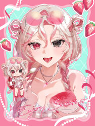  black_eyes blonde_hair braid chibi commentary english_text eyewear_on_head female food fruit full_body heart heart_necklace heterochromia highres hijiri_(sacra_0419) holding holding_spoon jewelry lens_eye multicolored_hair necklace one-piece_swimsuit original outline pink_hair pink_one-piece_swimsuit plaid_one-piece_swimsuit red_eyes shaved_ice spoon strawberry sunglasses swim_ring swimsuit symbol-only_commentary tinted_eyewear tongue two-tone_hair white_outline 