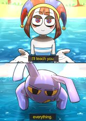  2025 4_fingers absurd_res anthro bandeau_bikini beach bikini black_eyes blue_eyes bob_cut brown_hair chainsaw_man clothing dialogue digital_drawing_(artwork) digital_media_(artwork) duo english_text female fingers fool's_hat fur glitch_productions hair hat headgear headwear hi_res human i'll_teach_you_everything_(chainsaw_man) jax_(tadc) kakao_kaiki lagomorph leporid long_ears male mammal mostly_submerged multicolored_eyes outside pomni_(tadc) purple_body purple_fur rabbit red_eyes rosy_cheeks sea seaside short_hair smile spread_arms strapless_bikini strapless_clothing strapless_swimwear swimwear text the_amazing_digital_circus two-piece_swimsuit two_tone_eyes water wet wet_body wet_fur wet_skin white_body white_skin yellow_sclera 