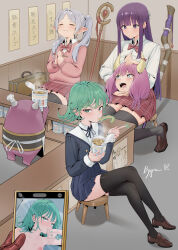  1boy 4girls absurdres alternate_costume aura_(sousou_no_frieren) black_shirt black_skirt black_thighhighs blunt_bangs bow bowtie braid breasts brown_shoes bygin cellphone cleavage closed_eyes contemporary crossed_legs crossover cup curly_hair demon_girl demon_horns earrings eating fern_(sousou_no_frieren) frieren green_eyes green_hair head_only highres holding holding_cup holding_phone horns indoors instant_cup_noodles instant_noodles jewelry large_breasts loafers long_hair manako_(one-punch_man) multiple_girls on_stool one-punch_man phone plaid_bow plaid_bowtie plaid_clothes plaid_skirt pointy_ears pov pov_hands purple_eyes purple_hair red_bow red_bowtie red_skirt sailor_collar saitama_(one-punch_man) school_uniform shirt shoes short_hair sitting skirt small_breasts smartphone sousou_no_frieren stool tatsumaki tears thighhighs twintails white_sailor_collar 