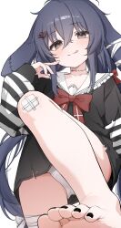  absurdres animal_ears black_nails black_shirt bow bowtie closed_mouth commentary cowboy_shot crotch_seam english_commentary female foot_out_of_frame grey_eyes grey_hair hair_between_eyes hair_ornament hand_up heart heart_hair_ornament highres indie_virtual_youtuber leg_up long_bangs long_hair long_sleeves looking_at_viewer nail_polish no_pants nyashira official_art panties pawshies_(vtuber) red_bow red_bowtie sailor_collar saliva shirt simple_background solo toenail_polish toenails toes tongue tongue_out underwear white_background white_panties white_sailor_collar 