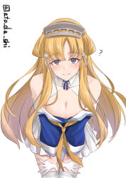  ? absurdres atodashi blonde_hair blue_eyes blue_shirt breasts cleavage commentary_request cowboy_shot double_bun female fletcher_(kancolle) fletcher_kai_(kancolle) gloves hair_bun hair_ornament hairband highres kantai_collection large_breasts long_hair looking_at_viewer neckerchief off_shoulder sailor_collar school_uniform serafuku shirt simple_background skirt smile solo star_(symbol) star_hair_ornament thighhighs twitter_username white_sailor_collar white_skirt white_thighhighs 