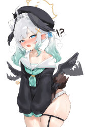  !? absurdres afterimage ahoge aqua_hair aqua_neckerchief artist_name beret black_hat black_shirt black_wings blue_archive blue_bow blue_eyes blush bow commentary cosplay cowboy_shot densetsu.exe embarrassed feathered_wings female flapping flapping_ears frilled_panties frills gradient_hair grey_hair hair_ornament hairbow halo hat head_wings highres koharu_(blue_archive) koharu_(blue_archive)_(cosplay) legs_together legwear_garter long_hair long_sleeves looking_at_viewer low_twintails low_wings mila_(milaart12) mint_fantome multicolored_hair neckerchief no_pants oerba_yun_fang off_shoulder open_mouth panties puffy_long_sleeves puffy_sleeves sailor_collar shirt shirt_tug simple_background skindentation solo standing sweat twintails two-tone_hair underwear virtual_youtuber white_background white_panties white_sailor_collar wings wisps_(mint_fantome) x_hair_ornament yellow_halo 