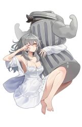  absurdres alternate_costume armpits bare_legs bare_shoulders barefoot blush breasts character_pillow cleavage closed_mouth commentary dress female full_body grey_hair highres honkai:_star_rail honkai_(series) hugging_object jyon_(xrmn8737) knees_up long_hair looking_at_viewer lordly_trashcan_(honkai:_star_rail) medium_breasts one-armed_hug one_eye_closed open_clothes open_shirt pillow pillow_hug rubbing_eyes shirt simple_background sleepy sleeveless sleeveless_dress solo stelle_(honkai:_star_rail) trailblazer_(honkai:_star_rail) white_background white_dress white_shirt yellow_eyes 