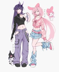  2girls alternate_costume animal_ears black_footwear blue_eyes blue_skirt breasts choker cleavage clothing_cutout collarbone cosplay crop_top elysia_(honkai_impact) elysia_(miss_pink_elf)_(honkai_impact) fake_animal_ears flower_choker honkai_(series) honkai_impact_3rd horns izukei kuromi kuromi_(cosplay) large_breasts midriff miniskirt multiple_girls my_melody my_melody_(cosplay) navel one_eye_closed onegai_my_melody pants pink_footwear pink_sweater platform_footwear purple_eyes purple_horns purple_pants rabbit_ears raiden_mei raiden_mei_(herrscher_of_thunder) sanrio side_cutout single_bare_shoulder skirt skull_print sweater thighs tongue tongue_out white_background 