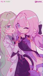  2girls back black_necktie black_skirt blue_eyes blush_stickers coat elf elysia_(honkai_impact) elysia_(miss_pink_elf)_(honkai_impact) green_hair green_shirt hair_between_eyes hand_on_another&#039;s_shoulder highres honkai_(series) honkai_impact_3rd hug izukei lab_coat long_hair looking_at_another looking_at_viewer mobius_(honkai_impact) multiple_girls necktie official_alternate_costume one_eye_closed open_mouth pink_hair pointy_ears ship_name shirt skirt slit_pupils tongue tongue_out twitter_username white_background white_coat yuri 