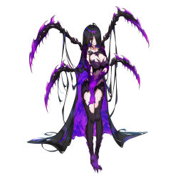  absurdly_long_hair absurdres ahoge arthropod_limbs black_bodysuit black_hair bodysuit breasts cleavage closed_mouth collarbone commentary_request elbow_gloves eyes_visible_through_hair fangs fangs_out female gloves h2o_(dfo) hair_over_eyes highres large_breasts long_hair looking_at_viewer mole mole_on_breast multicolored_hair original purple_gloves purple_hair red_eyes simple_background solo two-tone_hair very_long_hair white_background 