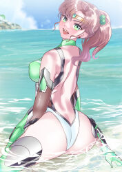  absurdres arion_canvas ass bishoujo_senshi_sailor_moon bodysuit breasts brown_hair day female green_eyes highres kino_makoto large_breasts looking_at_viewer looking_back magical_girl ocean open_mouth ponytail sailor_jupiter skin_tight smile solo taimanin_suit water 