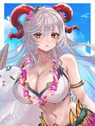  blue_sky border breasts cloud commentary_request eyelashes female fire_emblem fire_emblem_heroes flower flower_necklace freyja_(fire_emblem) goat goat_girl grey_hair highres horns huge_breasts long_hair looking_at_viewer navel outside_border parted_lips red_eyes sky solo stuffed_animal stuffed_toy white_border zqzbq 