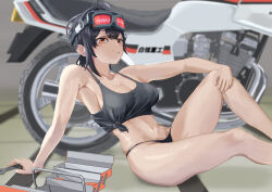  absurdres ahoge bare_legs black_hair black_panties black_tank_top breasts cleavage collarbone feet_out_of_frame female goggles goggles_on_head grace_howard hair_between_eyes hand_on_own_knee highres knee_up large_breasts long_hair looking_at_viewer midriff motor_vehicle motorcycle navel orange_eyes panties sitting smile solo stomach swastika_(par_tickle) sweat tank_top thighs tied_tank_top toned_female toolbox underwear wrench zenless_zone_zero 