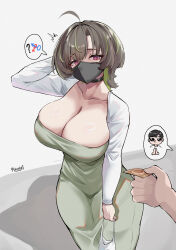  1boy absurdres ahoge artist_name bag begging black_choker black_hair black_mask breasts brown_hair choker condom condom_wrapper curvy dongtan_dress dress female green_dress green_hair heart heart-shaped_pupils highres holding holding_bag interlocked_mars_and_venus_symbols jacket large_breasts mars_symbol mask medium_hair meme_attire mouth_mask multicolored_hair original own_hands_together palms_together pencil_dress pleading_eyes purple_eyes ryonikos scoop_neck speech_bubble streaked_hair symbol-shaped_pupils taut_clothes taut_dress venus_symbol white_jacket wolf_cut 