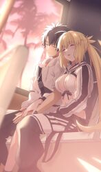  1boy absurdres ahoge artoria_caster_(fate) artoria_caster_(swimsuit)_(fate) artoria_caster_(swimsuit)_(first_ascension)_(fate) artoria_pendragon_(fate) asymmetrical_clothes black_hair black_pants blonde_hair breasts cleavage closed_eyes commentary_request commission cropped_jacket fate/grand_order fate_(series) female fujimaru_ritsuka_(male) fujimaru_ritsuka_(male)_(summer_street) highres holding_hands hood hood_down hooded_jacket hoodie jacket kpaoi long_hair long_sleeves medium_breasts navel official_alternate_costume pants shadow short_hair short_sleeves single_pantsleg sitting skeb_commission sleeping sunlight swimsuit twintails very_long_hair white_hoodie white_jacket window 