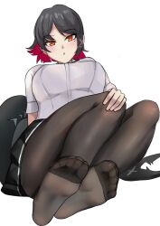  black_hair black_pantyhose black_skirt blush breasts colored_inner_hair commentary_request ellen_joe feet female fins fish_tail kukoi large_breasts mole mole_under_eye multicolored_hair open_mouth pantyhose red_eyes red_hair scar_on_tail shark_tail shirt short_hair skirt soles tail white_shirt zenless_zone_zero 