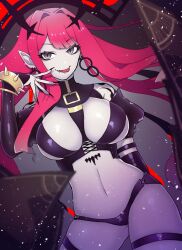  baobhan_sith_(fate) baobhan_sith_(second_ascension)_(fate) black_nails black_panties breasts detached_sleeves earrings fate/grand_order fate_(series) female grey_eyes hamham_121 hand_up hoop_earrings jewelry long_hair looking_at_viewer navel oerba_yun_fang panties pink_hair pointy_ears revealing_clothes sidelocks smile solo thigh_strap tongue tongue_out underwear veil 