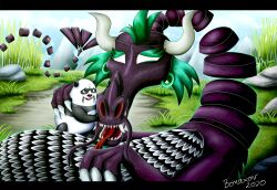  anthro bear bomaxon comforting dragon dragon_(skunk_fu) duo eastern_dragon giant_panda grass hi_res male mammal mountain mythological_creature mythological_scalie mythology panda_(skunk_fu) plant reunion rock scalie size_difference skunk_fu story story_in_description tall_grass 