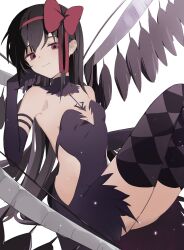  akemi_homura akuma_homura argyle_clothes argyle_thighhighs armlet bare_shoulders black_hair black_wings bow breasts center_opening closed_mouth collar commentary_request cowboy_shot crossed_legs detached_collar dot_nose dress elbow_gloves feather-trimmed_dress feathered_wings female gloves hair_spread_out hairband hairbow hand_on_own_chest high_collar highres jewelry kamanberu_sando light_particles light_smile long_dress long_hair looking_at_viewer mahou_shoujo_madoka_magica mahou_shoujo_madoka_magica:_hangyaku_no_monogatari open_clothes open_dress purple_collar purple_dress purple_eyes purple_gloves purple_thighhighs red_bow red_hairband simple_background sitting small_breasts solo strapless strapless_dress thighhighs very_long_hair white_background wings 