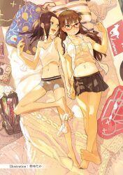  2girls bag bed bedroom blush boxers brand_name_imitation breasts brown_hair candy cleavage collarbone covered_nipples deftones_(band) ear_piercing eclair_rouge:_anata_ni_hibiku_yuri food freckles from_above full_body green_eyes highres holding_hands interlocked_fingers lip_piercing lips lollipop long_hair looking_at_another lying male_underwear midriff multiple_girls navel nirvana_(band) no_bra non-web_source on_back on_bed panties_around_toe piercing pillow plump pout ribs skinny sweatdrop tongue_piercing underwear yuri yutaka7 