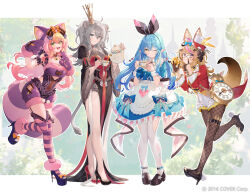  4girls animal_ear_fluff animal_ears animal_hands black_dress blonde_hair blue_dress blue_hair breasts cleavage coat commentary_request crown dress elf fishnet_pantyhose fishnets fox_ears fox_girl fox_tail full_body gloves green_eyes grey_eyes grey_hair grey_tail highres hololive large_breasts leotard lion_ears lion_girl lion_tail momosuzu_nene multiple_girls nepolabo omaru_polka one_eye_closed pantyhose paw_gloves pointy_ears red_coat rin31153336 shishiro_botan tail virtual_youtuber white_leotard yellow_eyes yukihana_lamy 