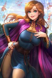  1girls anna_(frozen) big_breasts blue_eyes breasts brown_hair disney female female_only frozen_(film) frozen_2 large_breasts long_hair looking_at_viewer neoartcore royalty smile smiling smiling_at_viewer solo solo_female tight_clothing 