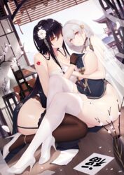  2girls absurdres alexiel_(pixiv6211566) azuma_(azur_lane) azuma_(soft_voice_of_spring)_(azur_lane) azur_lane bare_shoulders black_dress black_gloves black_hair black_legwear blush braid breast_curtains breasts china_dress chinese_clothes cleavage dress fanbox_reward flower garter_straps gloves hair_between_eyes hair_flower hair_ornament high_heels highres large_breasts long_hair looking_at_viewer multiple_girls official_alternate_costume paid_reward parted_lips pelvic_curtain red_eyes revealing_clothes short_hair sirius_(azur_lane) sirius_(azure_horizons)_(azur_lane) thighhighs thighs very_long_hair white_flower white_gloves white_hair white_thighhighs yuri 