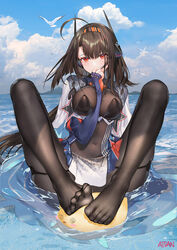  ahoge arm_between_breasts atdan azur_lane between_breasts bird black_legwear blue_sky bodysuit breasts brown_hair capelet chick covered_navel covering_mouth day embarrassed feet female fingerless_gloves frown gloves hairband headgear highres independence_(azur_lane) large_breasts long_hair long_sleeves looking_at_viewer manjuu_(azur_lane) no_shoes outdoors pantyhose red_eyes retrofit_(azur_lane) seagull sitting skindentation sky slit_pupils solo toes very_long_hair water 