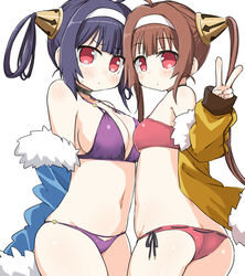  2girls asymmetrical_docking azur_lane bikini black_hair blue_jacket breast_press breasts brown_hair choker commentary_request fur-trimmed_jacket fur_trim hair_rings hairband hairpods highres jacket long_hair looking_at_viewer multiple_girls naitou_kouse navel ning_hai_(azur_lane) ning_hai_(summer_hunger)_(azur_lane) official_alternate_costume ping_hai_(azur_lane) ping_hai_(summer_vacation)_(azur_lane) purple_bikini red_bikini red_eyes side-tie_bikini_bottom simple_background swimsuit twintails white_background white_hairband yellow_jacket 