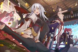  2boys 5girls alcohol aora armor artist_name blush bottle breast_curtains breasts buster_shirt chacha_(fate) chaldea_logo confetti cup day fate/grand_order fate_(series) hat highres holding holding_bottle holding_cup indoors japanese_armor kusazuri laughing legs_apart long_hair mori_nagayoshi_(fate) multiple_boys multiple_girls nagao_kagetora_(fate) navel oda_nobukatsu_(fate) oda_nobunaga_(fate) oda_nobunaga_(swimsuit_berserker)_(fate) oda_nobunaga_(swimsuit_berserker)_(first_ascension)_(fate) okita_souji_(fate) okita_souji_(koha-ace) petals pom_pom_(clothes) ponytail pouring revealing_clothes sakazuki sake sake_bottle sharp_teeth showgirl_skirt side_ponytail sitting socks standing stomach sunglasses tate_eboshi teeth thighhighs toeless_legwear underboob ushiwakamaru_(fate) white_socks yokozuwari 