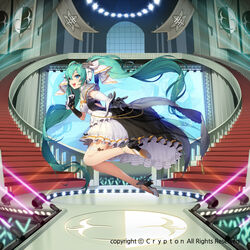  aqua_eyes aqua_hair bad_id bad_pixiv_id banner chinese_commentary commentary company_name concert copyright_notice dress elbow_gloves female flag floating_hair foreshortening from_side full_body gloves glowstick green_hair hatsune_miku hatsune_miku:_dreamy_vocal high-low_skirt high_heels highres indoors laser long_hair mamima official_art open_mouth outstretched_arm solo stage stairs twintails very_long_hair vocaloid 