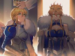  ahoge armor armored_dress artoria_pendragon_(fate) artoria_pendragon_(lancer)_(fate) blonde_hair blue_cape blue_dress blue_gloves blue_leotard breasts cape closed_mouth commentary coronation cowboy_shot crown dress dressing_another expressionless fate/grand_order fate/stay_night fate_(series) faulds female fur-trimmed_cape fur_trim gauntlets gloves green_eyes hair_between_eyes highleg highleg_leotard highres holding holding_crown juliet_sleeves large_breasts leotard light_particles lion_king_(lancer)_(fate) long_sleeves looking_at_another looking_away low_ponytail multiple_views orange_background out_of_frame parted_lips ponytail puffy_sleeves putting_on_headwear saber_(fate) sidelocks sleeveless sleeveless_turtleneck sleeveless_turtleneck_leotard solo_focus swept_bangs turtleneck turtleneck_leotard two-tone_background upper_body yellow_background yorukun 